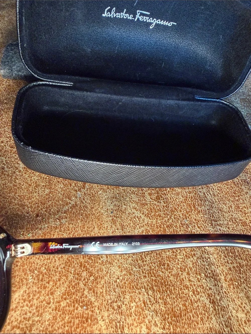 Salvatore Ferragamo Black and Brown Sunglasses with Branded Case